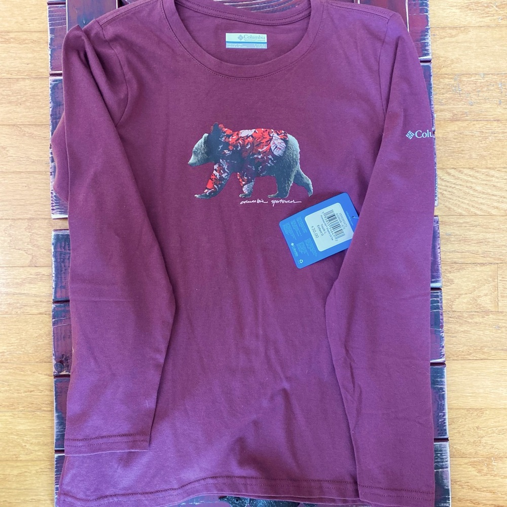 YL Columbia Red/Maroon Long Sleeve Tee size youth large bear NWT